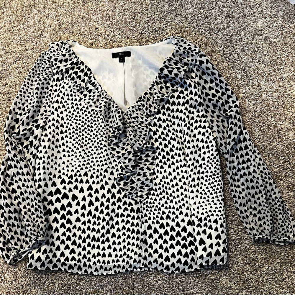 J. Crew Women's Black & White Ruffle V-neck Allover Heart Print Blouse